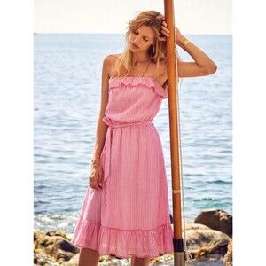 Sezane Cassandra Dress Women’s US 2 Pink Striped Midi Cotton Summer Ruffle Tie